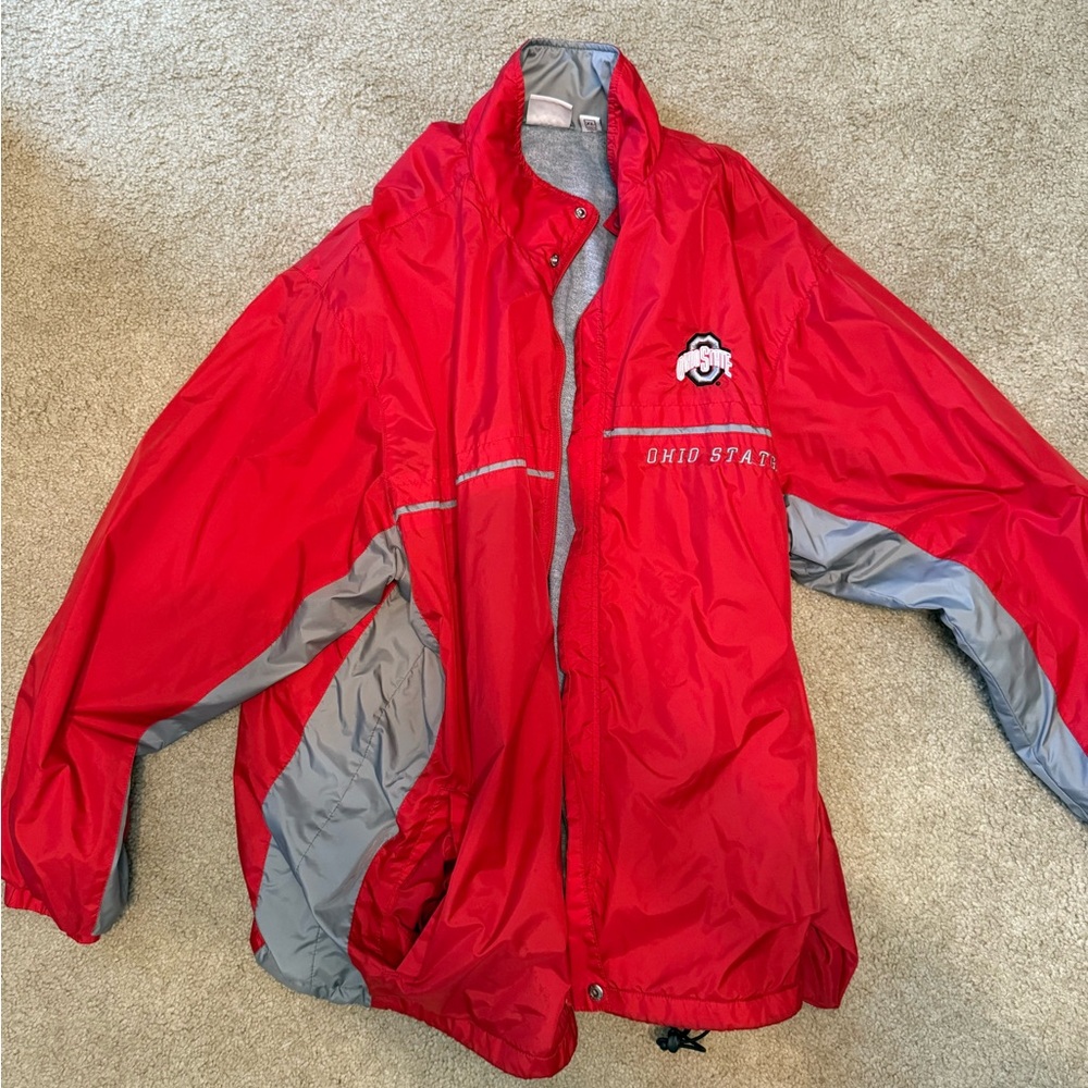 Red and Gray Windbreaker with High Collar and Elastic Cuffs